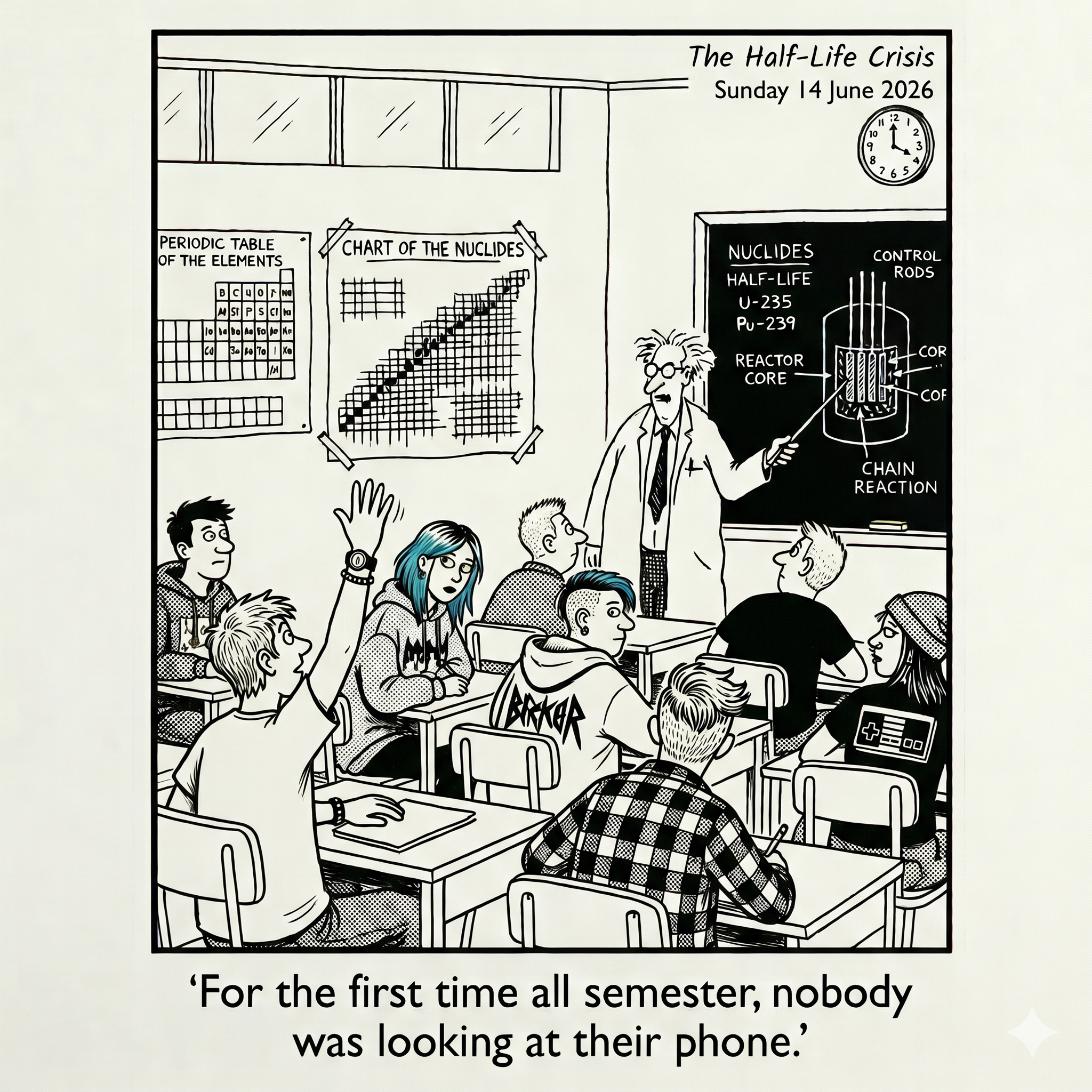 The Half-Life Crisis comic strip — For the first time all semester, nobody was looking at their phone.