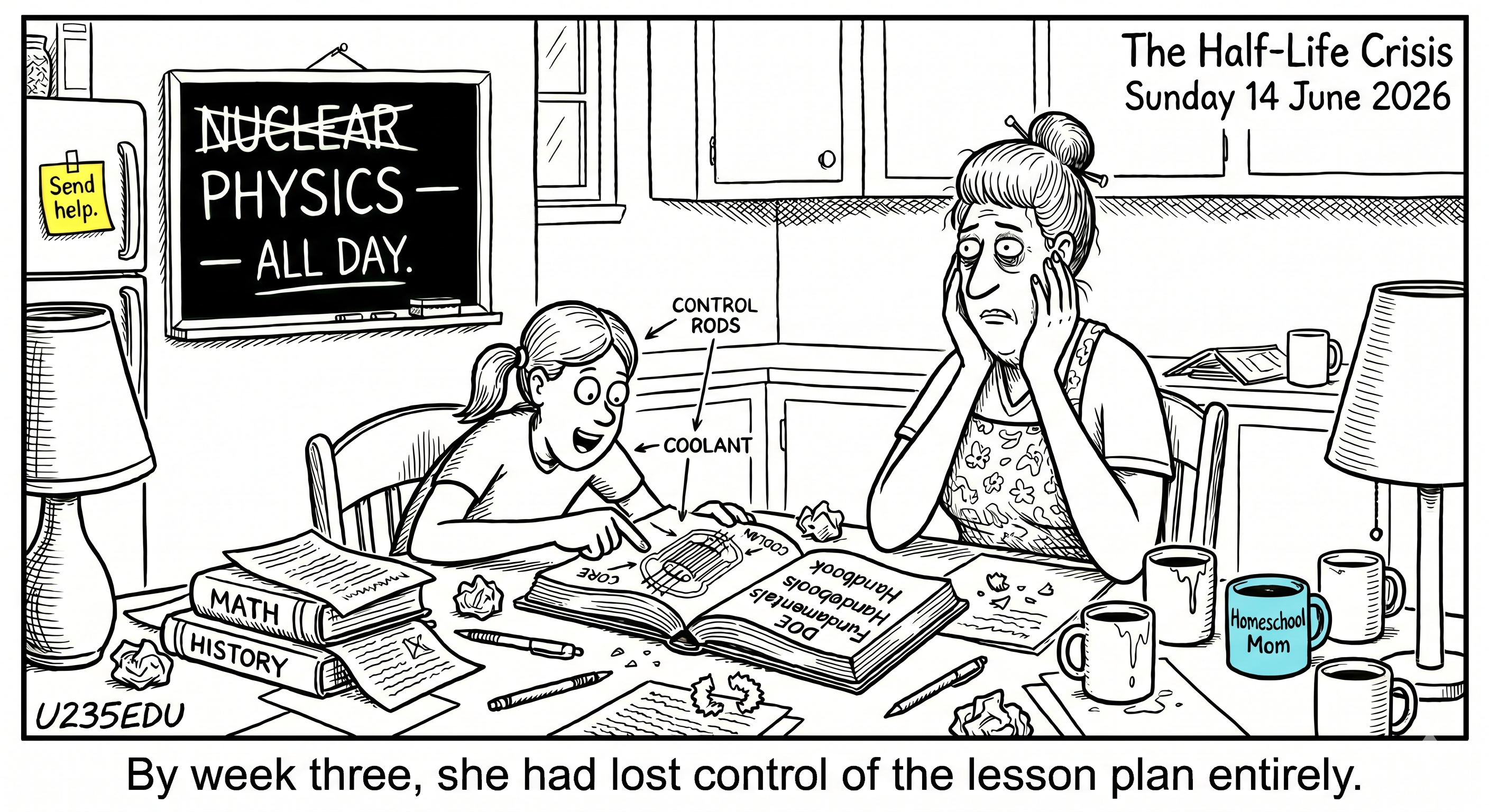 The Half-Life Crisis — homeschool kitchen table comic strip
